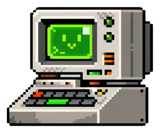 Beepo, a pixel-art office computer with a smiling green screen and a green space bar